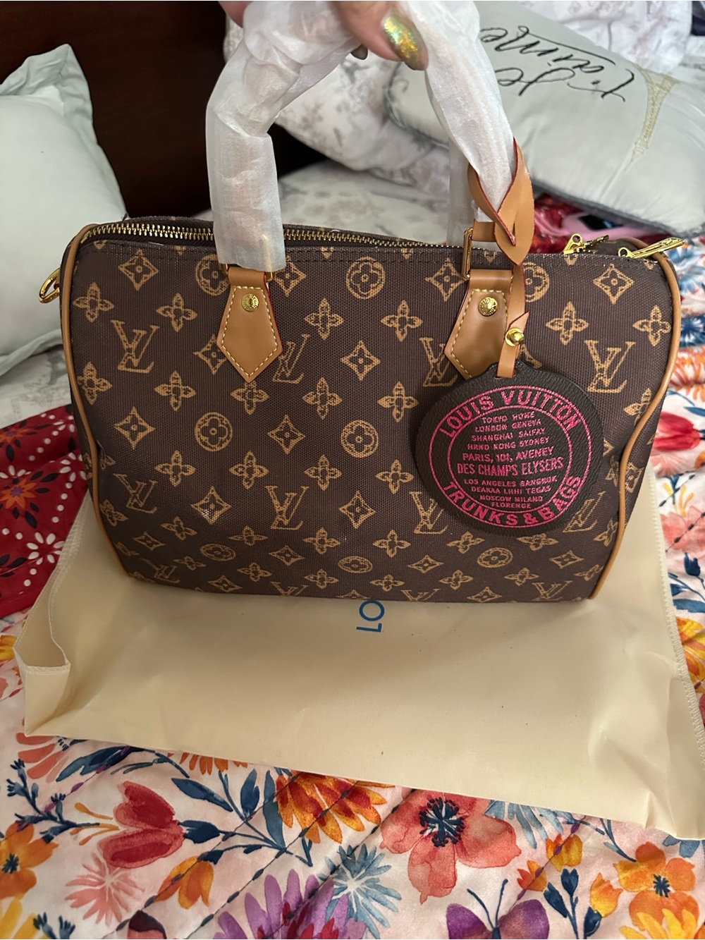 Monogram Satchel Exterior Pocket and Pink Tag - Picture 8 of 9